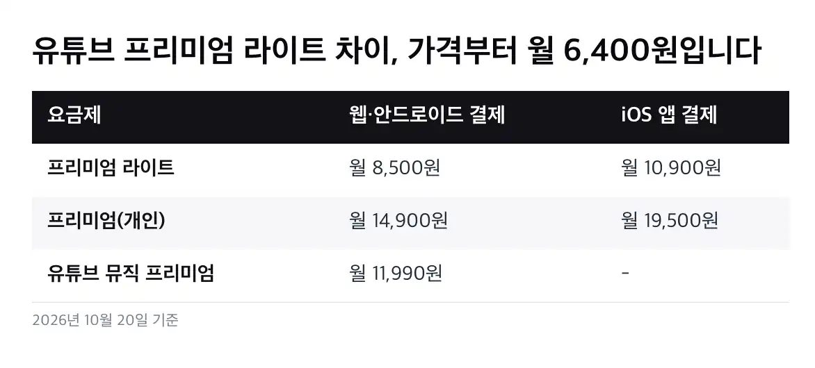유튜브 프리미엄 라이트 차이 라이트에 들어 있는 것과 빠진 것